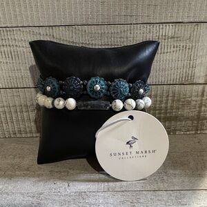 NWT Sunset Marsh Patina Turquoise Floral & White Howlite Stretch Bracelet Set
